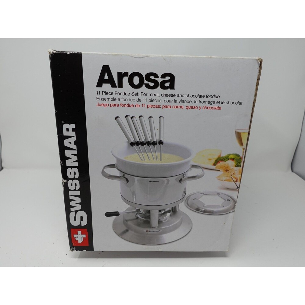 Swissmar Arosa 11-Piece Fondue Set Stainless / Ceramic — New, Box Corner Wear